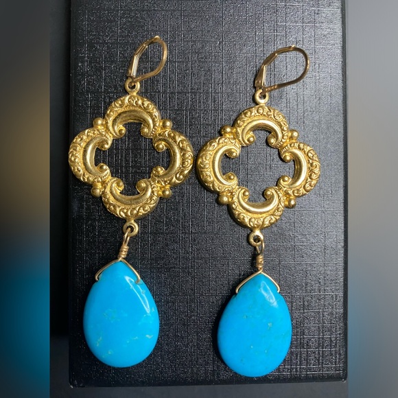 Gold Plated Turquoise Earrings Teardrop 3 inch 14/2 GF Boho Filigree - Picture 1 of 5